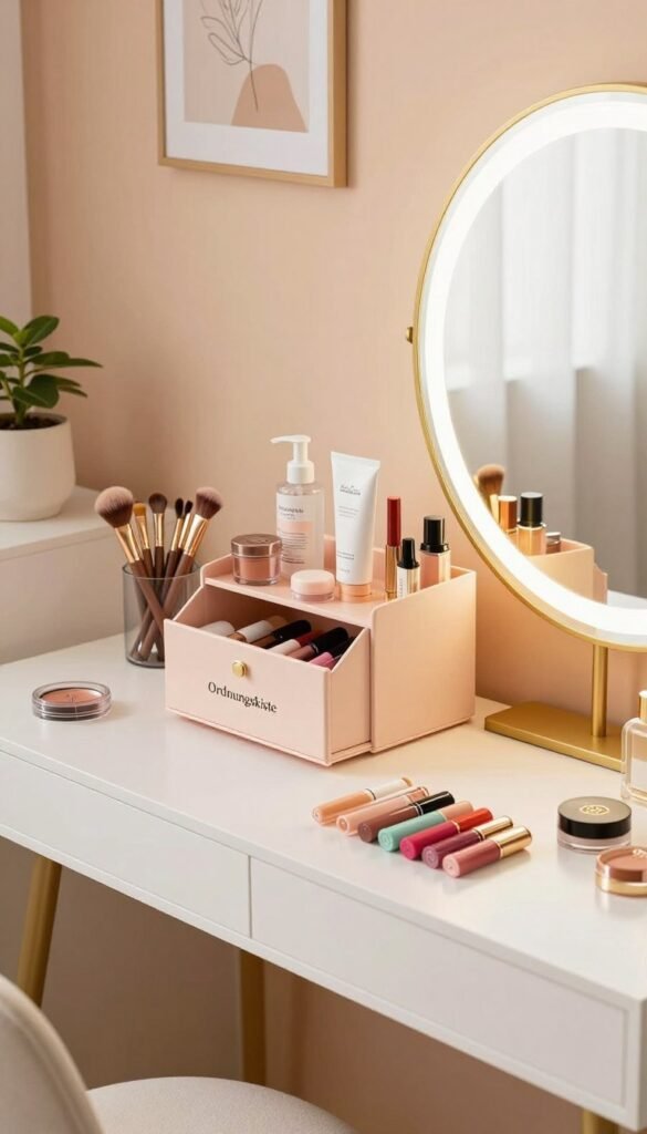 A beautifully organized schminktisch, elegantly designed with warm, inviting colors and a Pinterest-inspired aesthetic. In the foreground, a pristine white vanity table is adorned with neatly arranged beauty products, including makeup brushes, vibrant lipsticks, and a large round mirror illuminated by soft, ambient lighting. The middle ground features an attractive, stylish storage box branded "Ordnungskiste," containing skincare essentials, all harmoniously displayed. The background reveals a cozy, well-lit room with pastel-colored walls and subtle decorative elements like plants and framed pictures, enhancing the serene atmosphere. The composition captures a sense of calm and order amidst the chaos of beauty products, creating an inviting mood that inspires viewers to imagine a tidy beauty space.
