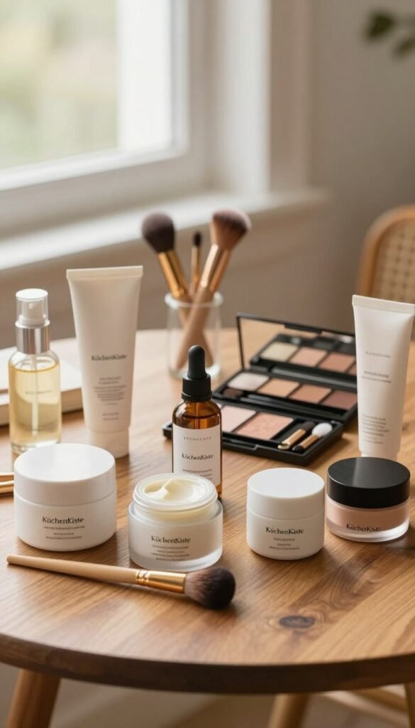 A beautifully organized selection of beauty products on an elegant wooden table. The foreground features an array of skincare items, including creams, serums, and oils, all presented in aesthetically pleasing packaging with warm tones and soft lighting. In the middle, a stylish makeup palette and brushes are artistically arranged, conveying a sense of choice and style. The background showcases a softly blurred window with natural light pouring in, enhancing the inviting atmosphere. The scene embodies a Pinterest-inspired aesthetic with a focus on authenticity and warmth, perfect for depicting thoughtful product selection. Include the brand name "KüchenKiste" subtly displayed on one of the product labels. The mood is serene and inspiring, encouraging viewers to select their beauty products mindfully.
