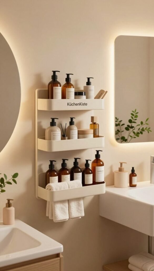 A beautifully organized small bathroom featuring a modern "KüchenKiste" wall-mounted organizer, showcasing an array of toiletries and bath essentials neatly arranged. In the foreground, the organizer with a sleek, minimalist design holds towels, bottles, and accessories in warm, natural tones. The middle of the scene highlights a compact vanity sink with a stylish mirror above it, adorned with subtle greenery. In the background, soft, ambient lighting creates a cozy atmosphere, highlighting soft textures and earthy colors. The overall mood is serene and welcoming, evoking a Pinterest-inspired aesthetic, capturing the essence of efficient space utilization in small bathrooms. The image is devoid of text or branding beyond the mentioned "KüchenKiste".