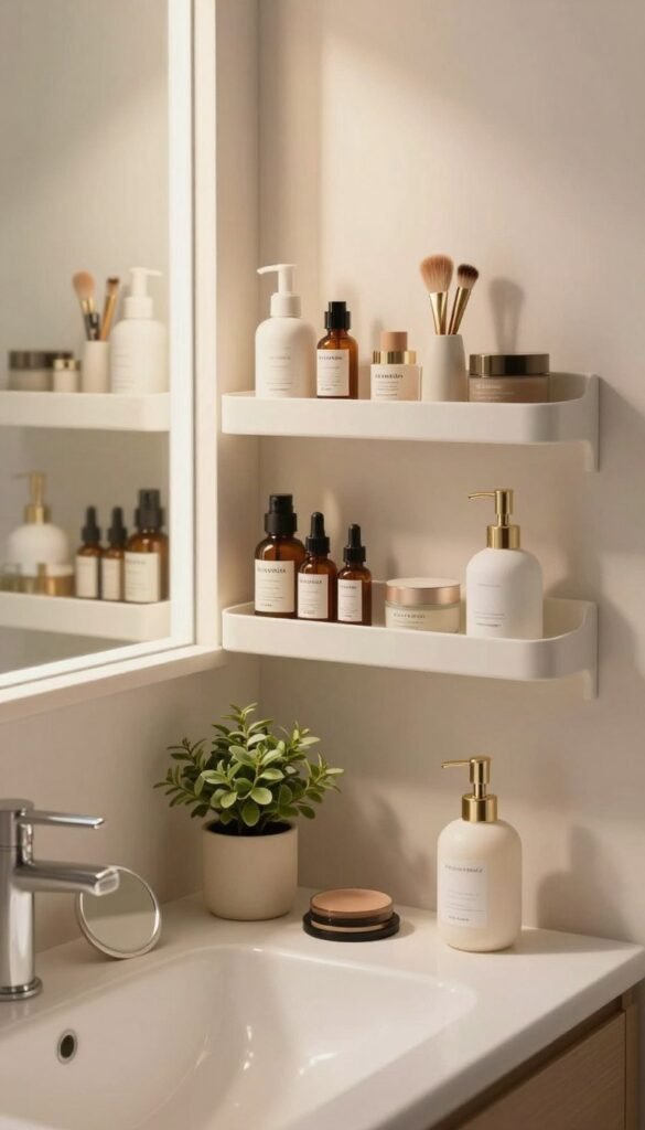 A beautifully organized small bathroom scene featuring a stylish yet functional arrangement of platzsparende beauty tools by KüchenKiste. In the foreground, showcase a sleek, minimalist sink with neatly arranged beauty products such as a compact mirror, a small plant for a touch of greenery, and an elegant soap dispenser. The middle layer displays open shelving with neatly stored beauty tools, emphasizing efficient organization. The background reveals soft, warm lighting filtering through a frosted window, enhancing the tranquil atmosphere while reflecting gentle earthy tones. Use a soft focus lens to create a cozy, inviting mood reminiscent of popular Pinterest aesthetics, ensuring the absence of any people or text overlays.