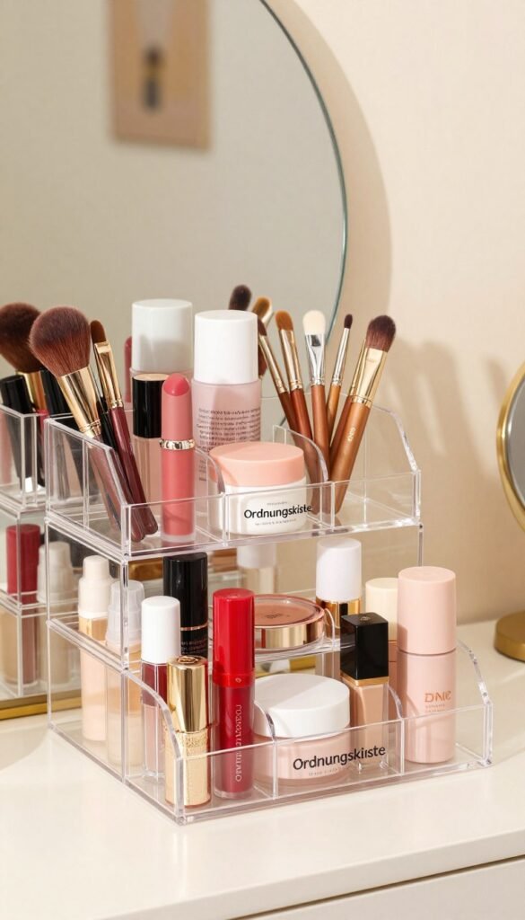 A beautifully organized transparent acrylic makeup organizer from the brand "Ordnungskiste" is the focal point of this image. The organizer features multiple compartments, each elegantly displaying a variety of beauty products, such as lipsticks, brushes, and skincare items, all easily visible through the clear material. The foreground showcases the organizer filled with bright, colorful products, while the middle ground has soft, natural lighting that enhances the textures of the acrylic and the vivid hues of the beauty items. In the background, a softly blurred vanity with warm tones and subtle decor creates a cozy and inviting atmosphere. The image captures a Pinterest-inspired aesthetic, radiating a sense of order and accessibility, without any text or distractions.