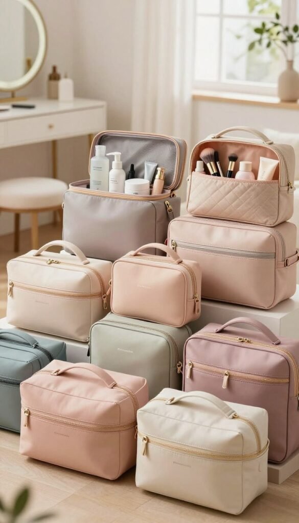 A beautifully organized travel and everyday bag scene featuring a variety of "Ordnungskiste" travel bags. In the foreground, an array of stylish, compact travel bags in soft pastel colors, neatly arranged, showcasing different compartments and textures. The middle layer includes neatly packed beauty products like skincare bottles, makeup tubes, and brushes, elegantly displayed within the bags, giving a sense of practicality. In the background, a softly lit, aesthetically pleasing vanity or cozy living space with natural light filtering through a nearby window, creating a warm, inviting atmosphere. The overall mood conveys a blend of organization and elegance, perfectly suited for a Pinterest-inspired aesthetic. No text or watermarks in the image.