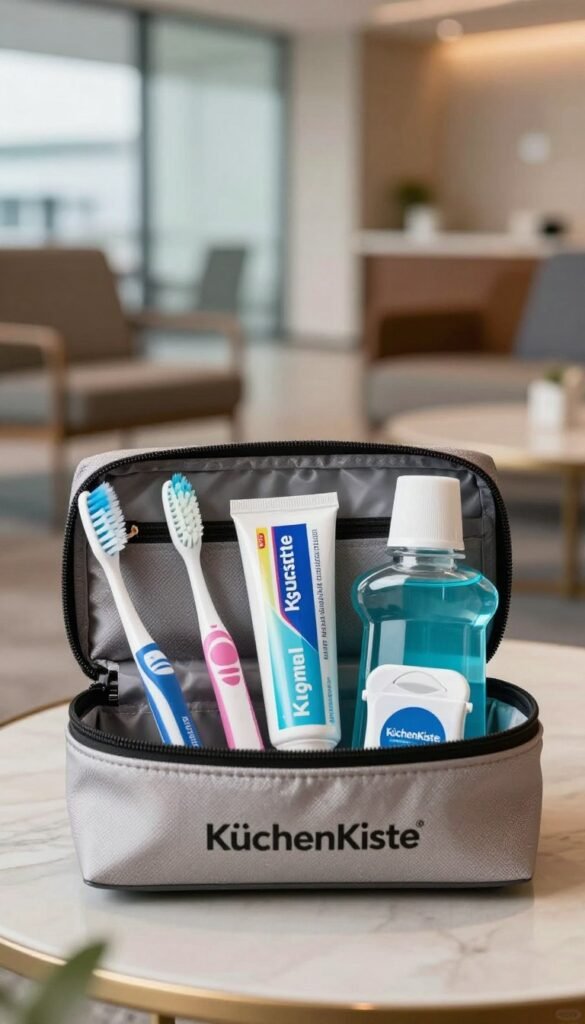 A beautifully organized travel dental care kit in a stylish travel pouch, featuring a toothbrush, toothpaste, mouthwash, and dental floss, neatly arranged. The foreground showcases the kit opened, with each item visible and artistically placed for a clean and inviting look. In the middle ground, a softly blurred setting hints at a cozy airport lounge or a hotel room, evoking a sense of travel and relaxation. The background includes warm, natural colors with soft lighting, creating a welcoming atmosphere. The brand name "KüchenKiste" is subtly integrated into the design of the pouch. The overall mood is fresh, practical, and aesthetically pleasing, perfect for travelers seeking to maintain their dental hygiene on the go.