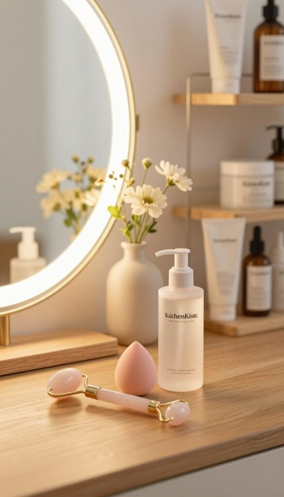 A beautifully organized vanity table showcasing a simple beauty routine. In the foreground, a set of essential beauty tools, including a rose quartz roller, a biodegradable makeup sponge, and a gentle facial cleanser neatly arranged on a wooden surface. The middle ground features a soft, warm-lit, round mirror reflecting a delicate vase with fresh flowers, exuding a peaceful atmosphere. The background showcases a softly blurred shelf filled with natural, eco-friendly skincare products labeled with the brand "KüchenKiste." The overall mood is inviting and calming, with warm colors enhancing the image’s authenticity. The lighting is soft and diffused, emphasizing the textures of the products without harsh shadows, resembling a cozy Pinterest-inspired setting. A beautifully organized vanity table showcasing a simple beauty routine. In the foreground, a set of essential beauty tools, including a rose quartz roller, a biodegradable makeup sponge, and a gentle facial cleanser neatly arranged on a wooden surface. The middle ground features a soft, warm-lit, round mirror reflecting a delicate vase with fresh flowers, exuding a peaceful atmosphere. The background showcases a softly blurred shelf filled with natural, eco-friendly skincare products labeled with the brand "KüchenKiste." The overall mood is inviting and calming, with warm colors enhancing the image’s authenticity. The lighting is soft and diffused, emphasizing the textures of the products without harsh shadows, resembling a cozy Pinterest-inspired setting.