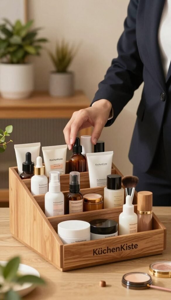 A beautifully organized workspace featuring a cozy, aesthetically pleasing beauty product organizer branded "KüchenKiste". In the foreground, showcase the organizer filled with neatly arranged skincare and makeup products in various sizes, emphasizing material textures such as glossy plastic and natural wood. In the middle, a stylish hand reaches for a product, dressed in a professional business attire, highlighting practicality and everyday usability. The background features soft, warm lighting that enhances the rich colors of the products and the cozy atmosphere, with plants and decorative elements adding a Pinterest-inspired look. The overall scene should create a welcoming, organized vibe, inviting the viewer to appreciate the importance of thoughtful purchasing decisions for beauty products.