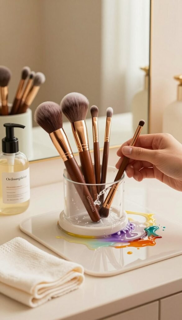 A beautifully organized workspace featuring an elegant brush cleaning station, showcasing various high-quality makeup brushes being gently washed in a stylish, warm-toned setting. In the foreground, a soft washcloth and a bottle of "Ordnungskiste" brush cleaner, with the product label subtly visible, add to the composition. The middle ground includes a sleek, modern brush cleaning mat, with colorful splashes of water surrounding the brushes, highlighting their cleanliness. The background reveals a softly blurred vanity mirror reflecting warm natural light, creating an inviting atmosphere. The colors are rich and harmonious, embodying a Pinterest aesthetic. The overall mood is serene and refreshing, perfect for illustrating an effective brush cleaning process in a chic environment.