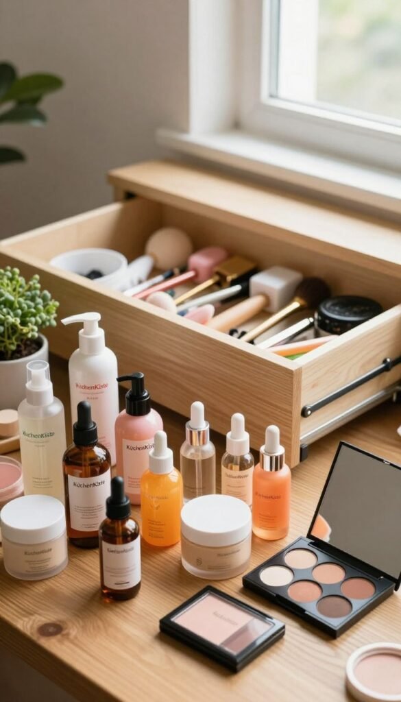 A beautifully organized workspace showcasing the concept of preparing beauty products for decluttering. In the foreground, a variety of vibrant, aesthetically pleasing beauty items like skincare bottles, serums, and makeup palettes are neatly arranged on a wooden table. In the middle background, an open drawer filled with an assortment of beauty tools and accessories, all meticulously organized. Soft, natural light filters in from a nearby window, creating a warm and inviting atmosphere. The image includes subtle greenery, like a small potted plant, adding a touch of life, while the overall style reflects a Pinterest-inspired aesthetic. The brand name "KüchenKiste" subtly incorporated into the scene, enhancing the authenticity without any textual overlays. The composition conveys a sense of cleanliness and preparation, perfect for inspiring the decluttering process.
