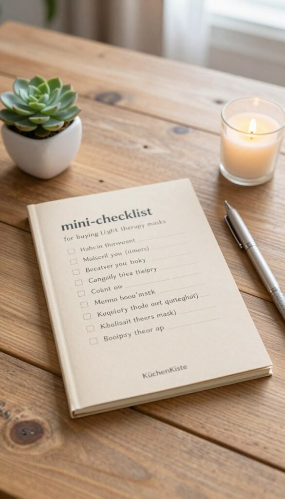 A beautifully staged flat lay image of a "mini-checklist for buying LED light therapy masks" on a rustic wooden table. The checklist is crafted on a soft beige notepad, surrounded by a stylish pen and subtle decorative items like a small succulent plant and a gentle, glowing candle. In the background, a faintly blurred glimpse of a living room filled with natural light creates a warm, inviting atmosphere. The color palette is soft and warm, emphasizing earthy tones like light browns, muted greens, and gentle whites, in a Pinterest-inspired aesthetic. The scene conveys an authentic, homey feel, perfect for decision-making moments. Include the brand name "KüchenKiste" subtly integrated into the design of the checklist for a professional touch, without any text overlays or watermarks.
