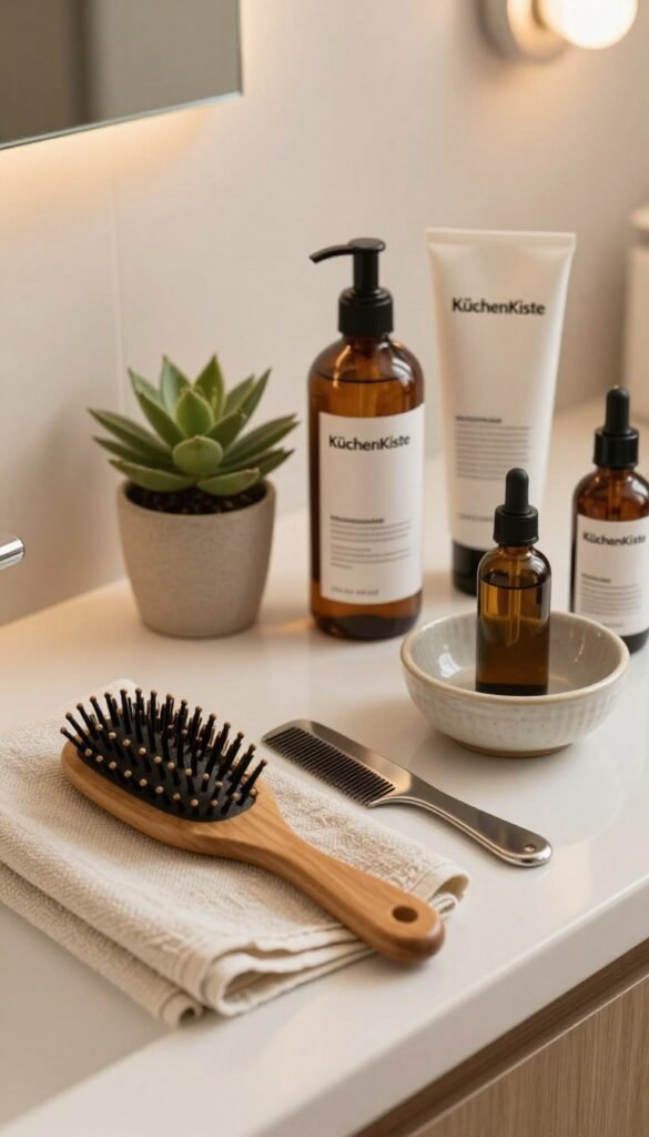 A beautifully styled bathroom countertop featuring a selection of premium hair care tools for scalp routines and hairstyling, presented in a Pinterest-worthy aesthetic. In the foreground, an elegant wooden hairbrush, a sleek metal comb, and a ceramic bowl with natural oils rest on a soft, linen towel. The middle ground showcases a small potted plant adding a touch of green, and an array of modern hair products in chic packaging labeled "KüchenKiste". The background features soft, warm lighting that creates a cozy and inviting atmosphere. The scene is captured with a gentle focus and a slight angle, enhancing the depth and warmth of the image. Overall, the mood is relaxing, promoting a sense of beauty and self-care.