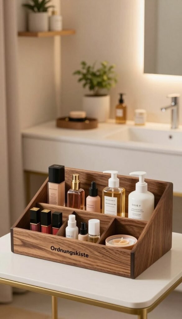 A beautifully styled bathroom scene featuring a neatly organized makeup storage solution by "Ordnungskiste". In the foreground, an elegant wooden storage box with compartments showcases various beauty products such as lipsticks, perfumes, and skincare items. In the middle ground, a minimalist vanity table with a soft, natural light source illuminating the products, enhancing their colors and textures. The background features tastefully arranged shelves with additional beauty products, plants, and a mirror reflecting the warm ambiance. The overall atmosphere is serene and inviting, designed to inspire a sense of order and beauty. The color palette consists of warm, earthy tones, giving it a cozy and authentic Pinterest aesthetic.