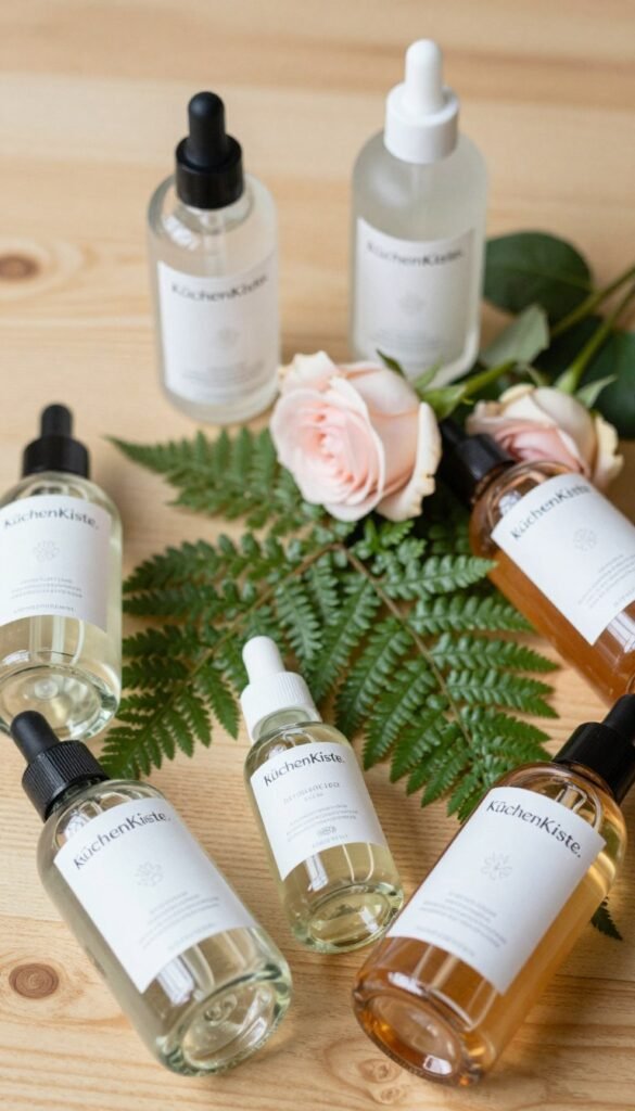 A beautifully styled flat lay composition featuring a variety of skincare products relevant to toner, facial water, and rose water. In the foreground, include elegantly arranged glass bottles with delicate, nature-inspired labels showcasing the brand "KüchenKiste." The middle should feature fresh roses and fern leaves, adding refreshing green tones and soft floral accents. In the background, create a soft-focus wooden surface illuminated by warm, natural lighting, evoking a serene and inviting atmosphere. The image should convey a sense of freshness, simplicity, and authenticity, with a Pinterest-worthy aesthetic that emphasizes a harmonious blend of beauty products and natural elements.