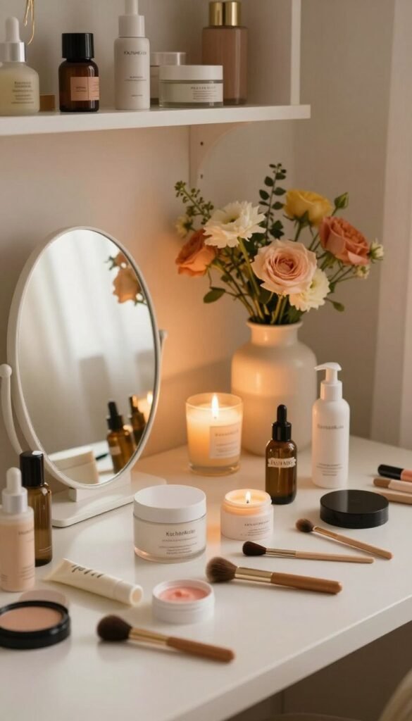 A beautifully styled vanity table in soft, warm tones with an overflow of beauty products scattered chaotically across it. In the foreground, a stylish, minimalist mirror reflects an array of skin care items, such as serums, creams, and makeup tools, hinting at an overwhelming beauty routine. In the middle ground, a softly lit candle adds a warm glow, while vibrant flowers in an elegant vase bring a touch of nature. The background features a well-organized shelf with neatly arranged beauty essentials, contrasting the chaos on the table. The atmosphere is intimate and slightly chaotic, embodying beauty pressure. The scene captures a Pinterest-worthy aesthetic, with a warm, inviting glow. The brand "KüchenKiste" is subtly integrated into the design of the vanity, reinforcing a sense of authenticity without any text.