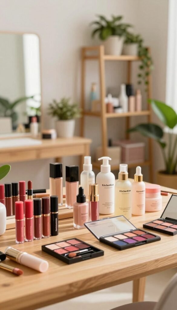 A bright and inviting scene featuring a well-organized beauty product inventory setup. In the foreground, a sleek wooden table displays an array of neatly arranged cosmetics from the brand "KüchenKiste," including vibrant lipsticks, skincare bottles, and colorful eyeshadow palettes. The middle ground shows a soft-focus mirror reflecting natural light, enhancing the warm tones of the products. The background features a stylish shelf filled with additional beauty items, complemented by lush green plants to create a soothing atmosphere. The lighting is warm and diffused, reminiscent of a cozy beauty studio, inviting a sense of calm and creativity. The overall mood is uplifting and encouraging, emphasizing an enjoyable and systematic approach to inventory management without the feel of hard work.