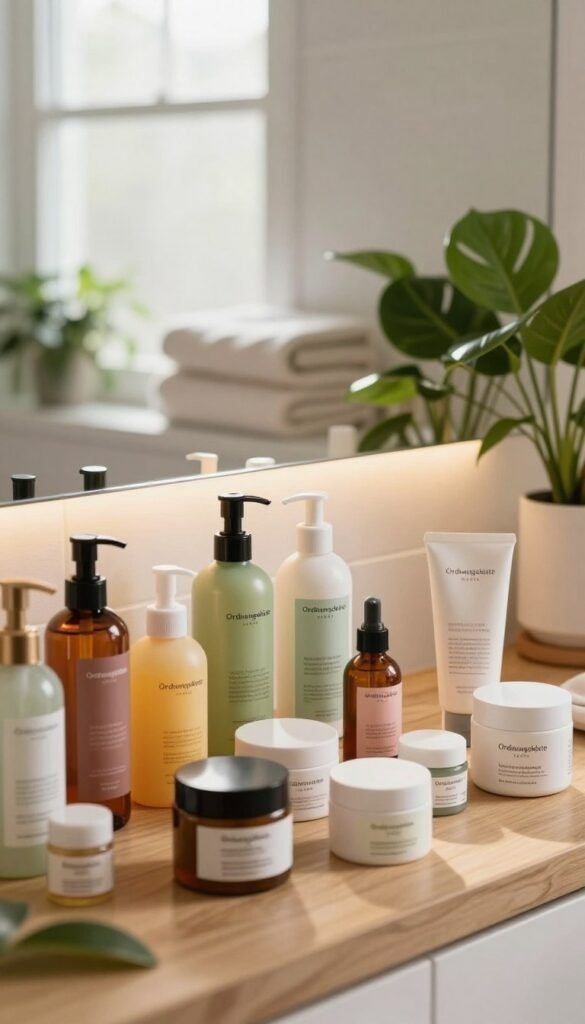A bright, cozy bathroom filled with various skincare products scattered across a wooden countertop, showcasing a mix of colorful bottles and jars from the brand "Ordnungskiste." In the foreground, a slightly chaotic arrangement of these products hints at the overwhelming choices consumers face. The middle ground features a softly illuminated mirror reflecting the scene, adding depth. A warm, diffused sunlight filters in through a frosted window, creating a relaxing atmosphere. The background shows neatly stacked towels and lush green plants, infusing a natural feel. The overall mood is one of relatable everyday struggle, inviting viewers to empathize with the feeling of being overwhelmed yet motivated for better skincare results. No text or watermarks present.