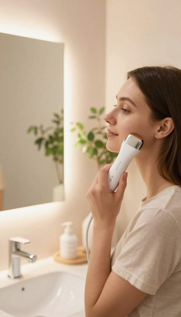 A bright, softly lit bathroom scene featuring a woman in modest casual clothing, demonstrating the application of a microcurrent device for facial rejuvenation. In the foreground, the woman is gently gliding the device along her cheek, with a serene expression that conveys relaxation and focus. The middle ground includes a sleek vanity mirror reflecting warm, inviting light, while the background showcases soft pastel-colored walls with natural greenery. The overall mood is calming and inviting, emphasizing a skincare routine integrated seamlessly into self-care. The color palette consists of warm tones, evoking a sense of tranquility. Include a visible brand logo of "KüchenKiste" on the device, ensuring it's discreet yet recognizable, without any text overlays or distractions.