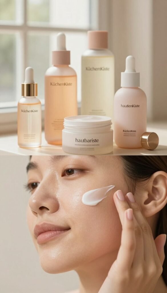 A calm, soothing skincare scene illustrating "hautbarriere" with a focus on the natural beauty of healthy skin. In the foreground, a close-up of a woman's hand gently applying a lightweight moisturizer to her cheek, showcasing the texture and glow of her complexion. The middle layer features a variety of skincare products, elegantly arranged: serum, moisturizer, and facial mist, all in soft, pastel packaging that reflects the brand name "KüchenKiste." In the background, a softly blurred window with natural light streaming in, creating a warm atmosphere. The overall mood is serene and inviting, emphasizing the importance of a nurturing skincare routine. The image should be aesthetically pleasing, rich in warm colors with a Pinterest-inspired look, and free of any text or logos.
