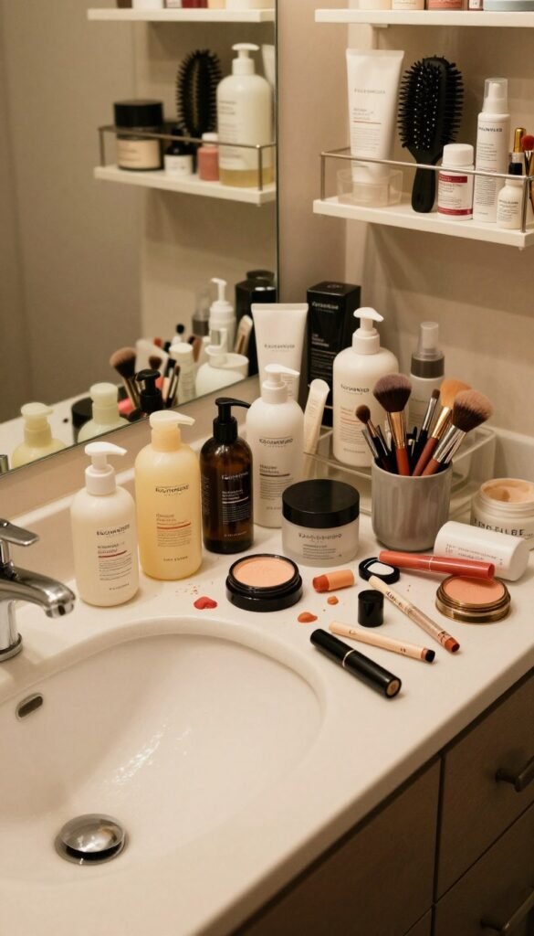 A chaotic bathroom scene filled with an overwhelming array of beauty products scattered across countertops and overflowing drawers. In the foreground, a messy sink is adorned with half-open bottles of lotions, tubes of lipstick, and an overturned container of makeup brushes. The middle section reveals a cluttered vanity mirror reflecting the chaos, while background shelves are stacked with unused skincare items and hair tools. The lighting is warm and inviting, reminiscent of a Pinterest aesthetic, casting soft shadows that enhance the disarray. The overall mood conveys a sense of overwhelm and frustration, highlighting the challenge of managing beauty products. Include visual elements that suggest the brand "KüchenKiste," such as stylish organizational products among the chaos, emphasizing practical solutions amidst the disorder.