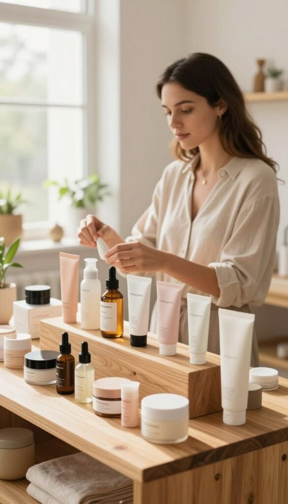 A clean and organized beauty product display in a bright, airy room. In the foreground, there's a beautifully arranged wooden shelf featuring various skincare products from the brand "Ordnungskiste," showcasing different sizes and colors. The middle ground features a stylish woman in modest casual attire, thoughtfully sorting through the products. She has an expression of calm focus, embodying an effortless beauty routine. In the background, a softly lit window casts warm natural light across the scene, highlighting subtle details like plants and decorative items, enhancing the Pinterest-inspired aesthetic. The atmosphere is serene and practical, emphasizing a drama-free approach to beauty product organization, with warm tones creating a welcoming ambiance.