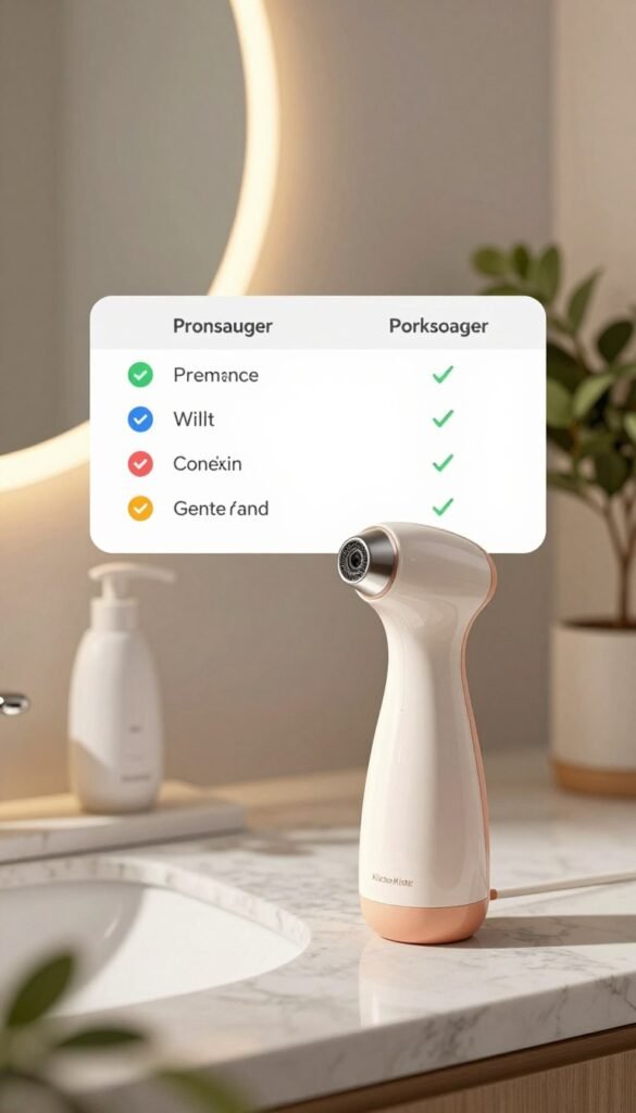 A clean and serene bathroom setting, featuring a variety of pore vacuum devices (porensauger) displayed on a marble countertop. In the foreground, a sleek, modern pore cleaner is highlighted, showcasing its elegant design with soft curves and gentle colors, reflecting warmth and comfort. In the middle ground, a comparison chart visually represents the pros and cons of pore vacuuming versus traditional blackhead removal methods, with color-coded symbols indicating effectiveness and gentleness suitable for sensitive skin. The background displays a softly lit mirror and soothing plants, evoking a sense of tranquility. Natural lighting fills the scene, casting gentle shadows and creating a warm atmosphere. The overall mood is inviting and informative, ideal for highlighting skincare solutions, featuring the brand "KüchenKiste" subtly.
