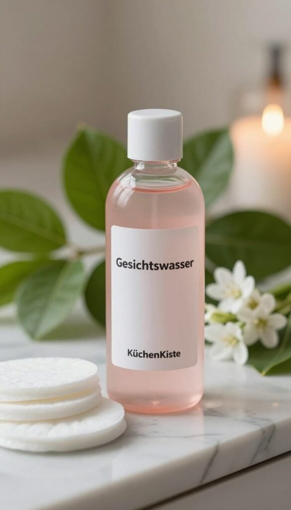 A clear close-up of a glass bottle of "Gesichtswasser" with the brand name "KüchenKiste" elegantly displayed on the label. The bottle is filled with a soothing, light pink liquid, placed on a marble surface. In the foreground, soft cotton pads are artistically arranged next to the bottle, suggesting their use in skincare. The middle ground features fresh green leaves and delicate white flowers, enhancing the natural aesthetic. The background is softly blurred, with warm, ambient lighting creating a calming atmosphere, reminiscent of a serene morning routine. The focus is on the bottle, capturing the essence of toning and hydrating skincare practices in a visually appealing, Pinterest-worthy style, authentically portrayed without any text or branding other than the product label.