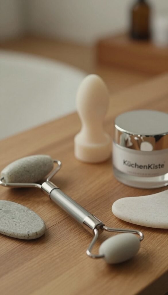 A close-up arrangement of beauty care tools made from stainless steel, stone, and silicone, artfully displayed on a wooden surface. The foreground features a sleek stainless steel facial roller and a textured stone massage tool, highlighting their modern design. In the middle, include soft silicone applicators and a stylish jar for creams, with gentle reflections. The background should have a blurred, warm-toned home interior, creating a cozy atmosphere. Soft, diffused natural lighting enhances the warm colors and textures, giving the scene a Pinterest-inspired aesthetic. Focus on authenticity, simplicity, and elegance, with the brand name "KüchenKiste" subtly integrated into the image composition. No text, labels, or distractions allowed.