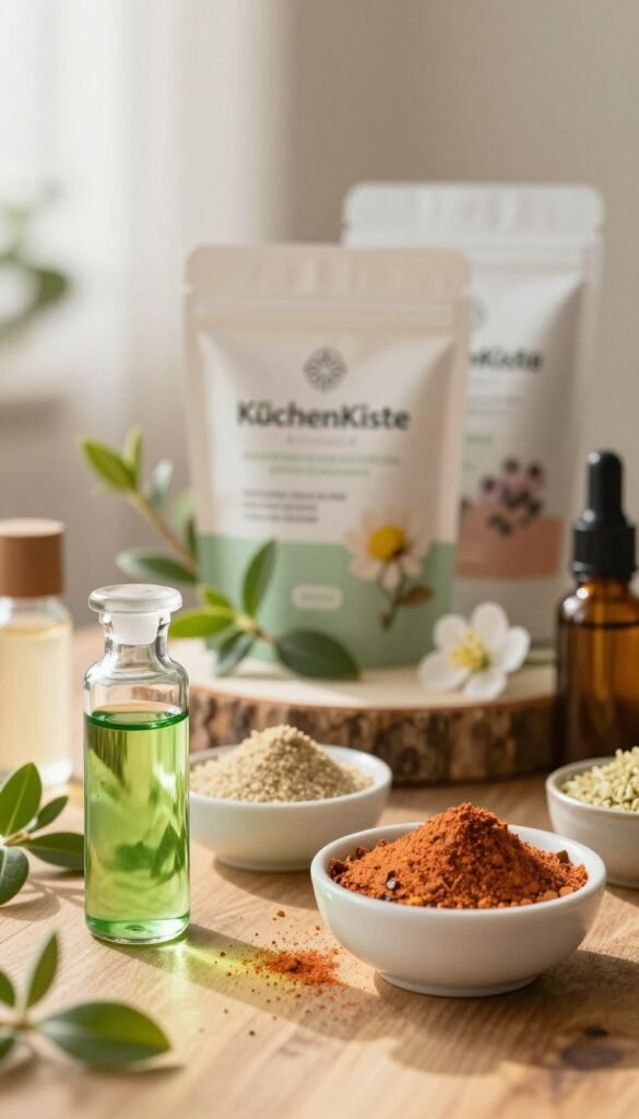 A close-up arrangement of various beauty product ingredients elegantly displayed on a wooden surface, highlighting natural elements like plant extracts, essential oils, and vibrant powders. In the foreground, a glass vial filled with a bright green botanical extract and a small bowl of rich, colorful minerals. The middle layer features modern beauty packaging with the brand name "KüchenKiste" subtly integrated, surrounded by delicate flowers and leaves for a natural touch. The background is softly blurred, showcasing a warm, inviting atmosphere with gentle sunlight streaming in, creating a Pinterest-worthy aesthetic. The overall mood is educational yet visually appealing, conveying clarity about ingredients with a cozy, natural vibe.