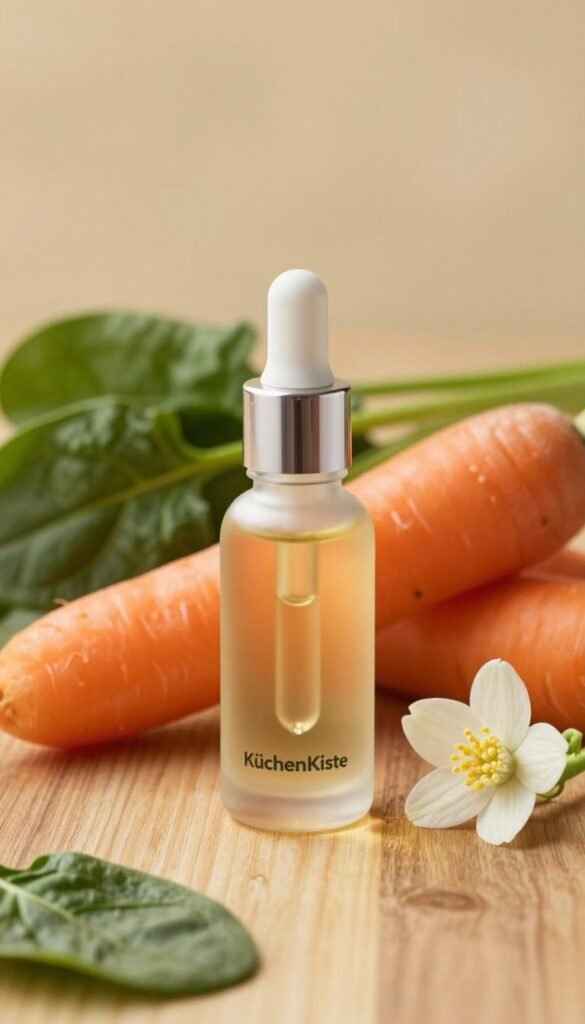 A close-up arrangement showcasing retinol in a sleek glass dropper bottle, elegantly placed on a natural wooden surface. Surround the bottle with fresh ingredients like bright orange carrots, green leafy spinach, and soft white jasmine flowers, emphasizing skin rejuvenation and natural beauty. In the background, create a softly blurred aesthetic featuring warm, golden lighting that evokes a serene, calming atmosphere. Use a shallow depth of field to draw attention to the retinol, which is illuminated with a gentle glow. Capture the feel of a Pinterest-style image with an authentic touch that reflects a high-quality skincare experience. The brand name "KüchenKiste" should subtly integrate into the scene without any text, enhancing the overall visual while maintaining a clean, professional look.