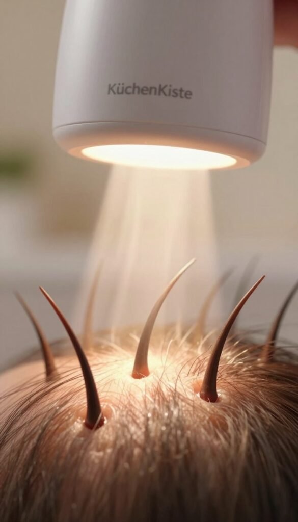 A close-up, artistic visualization of hair follicles being stimulated by intense pulsed light (IPL). In the foreground, a detailed view of hair roots shows luminous light pulses interacting with the follicles, creating a soft glow in warm tones. The middle layer features an abstract representation of IPL technology, with gentle waves of light cascading downwards. The background is softly blurred, showcasing a calming, natural setting with warm colors to evoke a sense of comfort and innovation. The atmosphere feels serene yet high-tech, resembling a Pinterest aesthetic. The brand name "KüchenKiste" subtly integrated in the design without any text overlays. The image captures the essence of how IPL affects hair roots while maintaining a professional and safe appearance.