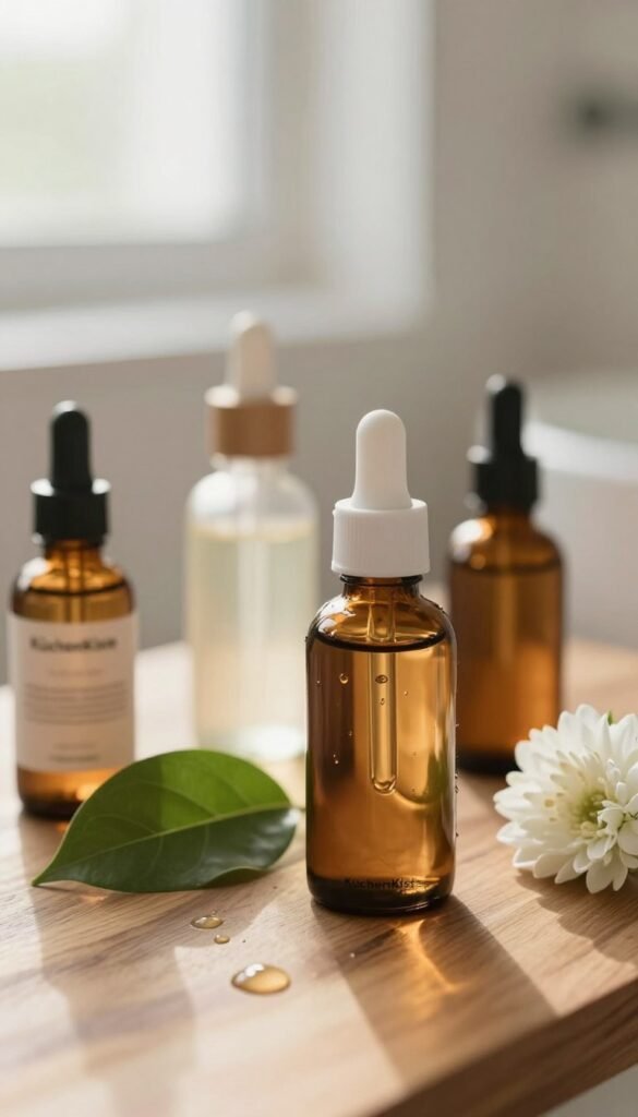 A close-up composition featuring niacinamide serum bottles elegantly arranged on a wooden surface, evoking a natural and soothing atmosphere. In the foreground, the glossy bottles of various shapes and sizes subtly reflect warm light, with drops of serum glistening on the surface. In the middle, a few green leaves and soft, white flowers add a touch of freshness, enhancing the organic feel. The background is softly blurred, showcasing a light, airy bathroom setting with natural light streaming in, casting gentle shadows. The mood is serene and inviting, perfect for a skincare article. The brand name "KüchenKiste" is subtly integrated into the bottle design without text visible. Emphasize a Pinterest aesthetic with warm colors and an authentic, natural vibe.