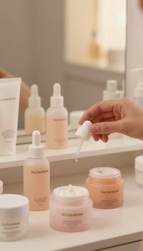 A close-up composition of a well-organized skincare station, featuring various beauty products that illustrate common skincare mistakes for blemished skin. In the foreground, there are opened bottles and jars of creams and serums, some visibly too heavy or oily-looking. The middle layer shows a hand reaching for a product, emphasizing the temptation to use the wrong item. The background features a softly blurred mirror reflecting warm, inviting light, evoking a serene atmosphere. The colors are warm pastel tones, creating a cozy ambiance reminiscent of Pinterest aesthetics. The name "KüchenKiste" subtly integrated into the scene, ensuring it feels authentic without text overlays. The overall mood is informative yet inviting, promoting awareness of common skincare pitfalls.