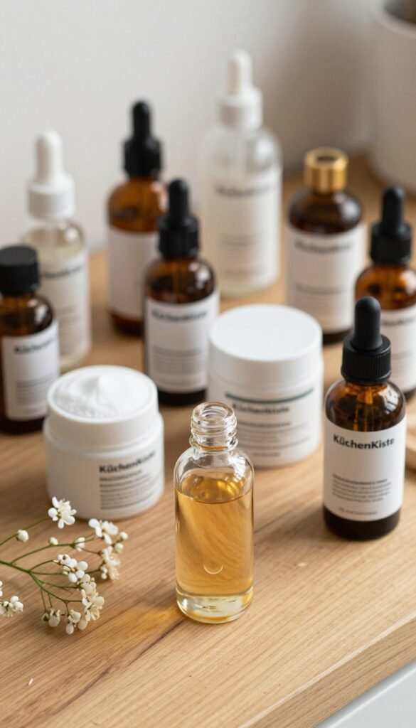 A close-up composition showcasing a collection of skincare ingredients, including Retinol, Niacinamide, and various acids, elegantly arranged on a wooden countertop. In the foreground, a glass dropper bottle filled with a golden serum sits beside delicate white flowers, conveying purity and natural beauty. The middle ground features small jars and vials labeled with these active ingredients, each displaying their unique textures and colors. The background should include soft, natural lighting that highlights the warm tones of the scene, evoking a cozy, inviting atmosphere reminiscent of a stylish Pinterest board. Aim for an authentic, organic feel, without any text or logos, while subtly incorporating the brand name "KüchenKiste" into the styling of the products.