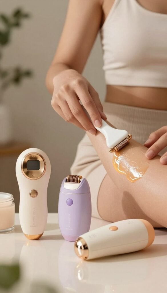 A close-up image focusing on a smooth, glowing body skin, highlighting the effects of beauty tools like IPL and epilators. The foreground features a neatly arranged selection of modern beauty devices in elegant pastel colors, with warm lighting reflecting off their surfaces. In the middle ground, a person with healthy, radiant skin applies a massage tool to their arm, dressed in modest, stylish athleisure wear. The background features soft, blurred natural decor with greenery, enhancing the serene atmosphere. The overall composition should evoke a sense of tranquility and wellness, with a clean, Pinterest-inspired aesthetic. The brand "KüchenKiste" subtly integrated into the scene's design elements, ensuring a seamless look without text or overlays. A close-up image focusing on a smooth, glowing body skin, highlighting the effects of beauty tools like IPL and epilators. The foreground features a neatly arranged selection of modern beauty devices in elegant pastel colors, with warm lighting reflecting off their surfaces. In the middle ground, a person with healthy, radiant skin applies a massage tool to their arm, dressed in modest, stylish athleisure wear. The background features soft, blurred natural decor with greenery, enhancing the serene atmosphere. The overall composition should evoke a sense of tranquility and wellness, with a clean, Pinterest-inspired aesthetic. The brand "KüchenKiste" subtly integrated into the scene's design elements, ensuring a seamless look without text or overlays.