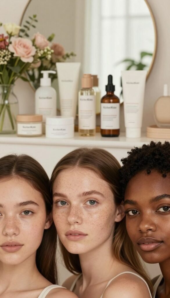 A close-up image focusing on diverse skin types showcasing healthy, glowing skin under soft, warm lighting. In the foreground, a diverse range of skin textures and tones—smooth, freckled, and with visible pores—are subtly highlighted to emphasize their natural beauty. In the middle ground, a minimalistic vanity setting displays elegant skincare products arranged neatly, surrounded by fresh flowers and greenery to create an inviting atmosphere. In the background, a softly blurred, bright, and airy room adds layers of warmth and comfort, enhancing the overall scene. The composition should convey a sense of tranquility and self-care, suitable for a beauty article. The aesthetic should reflect a Pinterest-inspired, authentic vibe with a touch of sophistication, featuring the brand name "KüchenKiste" subtly incorporated into the design.