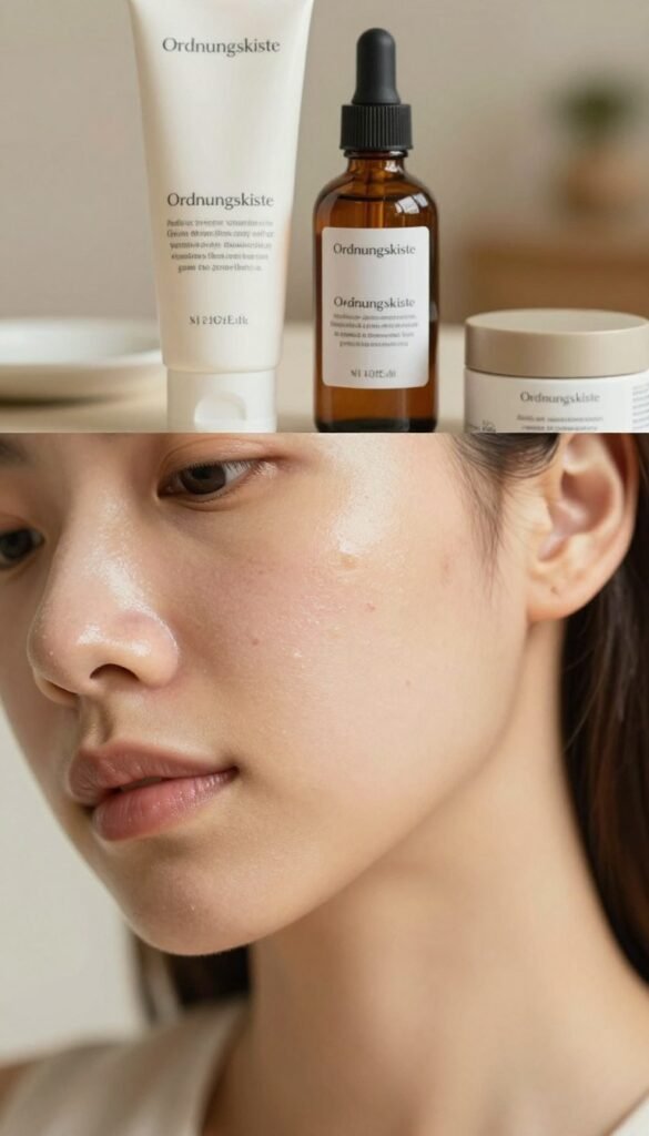 A close-up image focusing on healthy skin with subtle imperfections such as minor blemishes and redness, representing common skincare issues. In the foreground, show a person's face with a calm expression, wearing modest casual attire, highlighting the texture of the skin with warm, natural lighting. The middle layer should include skincare products like creams and serums artfully arranged nearby, conveying a sense of everyday skincare routine. In the background, a soft, blurred home setting enhances the atmosphere, evoking a sense of home and self-care. The overall mood should be warm and inviting, reminiscent of Pinterest aesthetics. Include the brand name "Ordnungskiste" subtly within the scene.