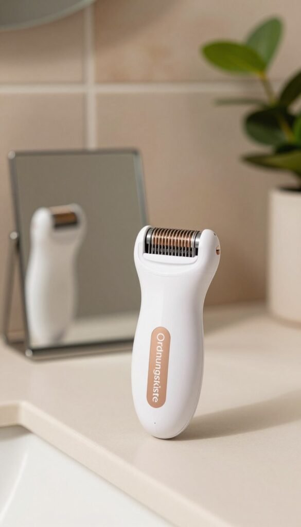 A close-up image of a high-quality facial epilator from the brand "Ordnungskiste" displayed on a clean, softly lit bathroom counter. The foreground features the epilator with intricate details visible, showcasing its ergonomic design and precise hair removal mechanism. In the middle ground, a small mirror reflects the epilator and a hint of lush greenery from a nearby plant, enhancing a serene atmosphere. The background is softly blurred, featuring warm-toned tiles and gentle, inviting lighting that creates a calm and welcoming vibe. The overall mood is professional, elegant, and minimalistic, emphasizing the effectiveness of the epilator in removing hair at the root while maintaining a natural aesthetic. The image should be authentic and free of any text or graphical elements.