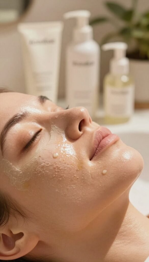 A close-up image of a human face, focusing on the skin texture highlighting clogged pores. The foreground showcases a soft, glowing complexion highlighted by a warm light that reveals the contrast between clear and congested areas of the skin. In the middle, include gentle skincare products like a natural clay mask and a soothing lotion displayed aesthetically, suggesting skincare routines. The background should be softly blurred, featuring a serene bathroom setting with warm, ambient lighting and subtle greenery for a fresh atmosphere. The overall mood is calm and inviting, emphasizing self-care and skin health. Include the brand name "KüchenKiste" in the product display elements. No text or watermarks present, maintaining an authentic, Pinterest-style aesthetic.
