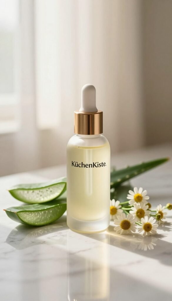 A close-up image of a luxurious serum bottle from the brand "KüchenKiste," elegantly placed on a smooth marble countertop. The serum bottle is surrounded by fresh, natural ingredients like aloe vera leaves and calming chamomile flowers, suggesting its soothing properties. The background features soft, diffused sunlight filtering through sheer curtains, creating an inviting and warm atmosphere. The lighting highlights the glossy surface of the bottle and the subtle textures of the ingredients. The mood is tranquil and serene, emphasizing the product's effectiveness for various skin types. The image should embody a Pinterest-worthy aesthetic, showcasing the beauty of skincare in a natural and authentic way, without any text or distractions.