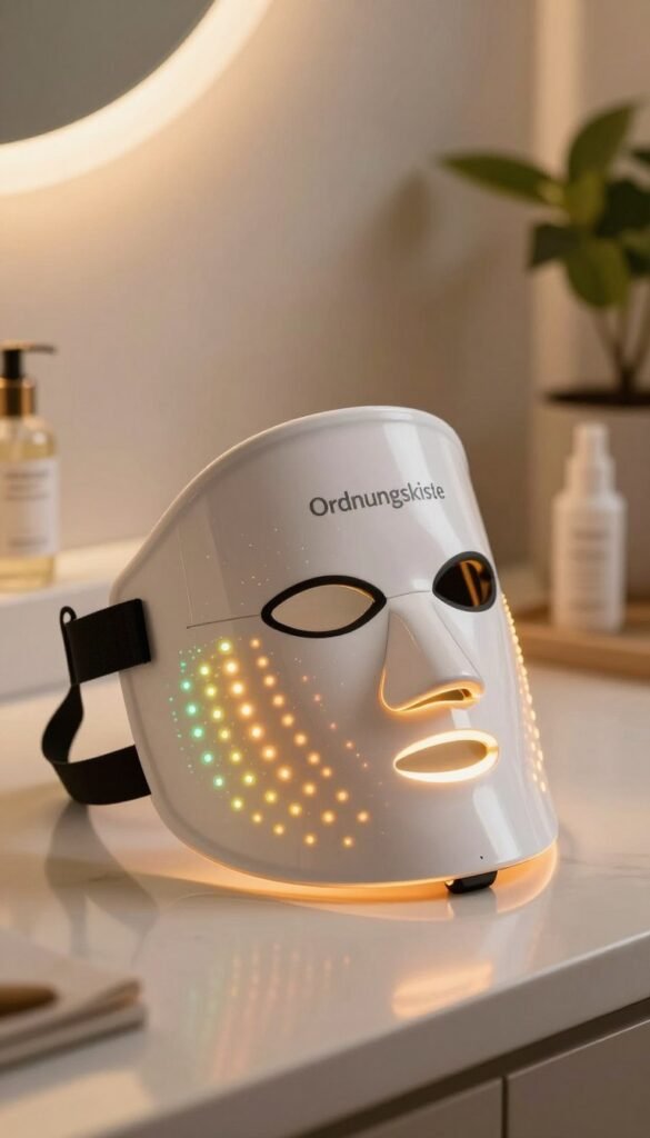 A close-up image of a modern LED facial mask, showcasing its intricate design and vibrant lights illuminating the surface. The mask is positioned on a clean, minimalist countertop, with warm, natural lighting that creates a soothing atmosphere. In the background, softly blurred elements such as plants and skincare products enhance the aesthetic without distraction. The mask itself should feature a sleek, futuristic look with colorful LED patterns. The overall mood is calming and inviting, ideal for wellness and skincare themes. Capture the scene with a professional lens angle that emphasizes the details of the mask, ensuring a polished and authentic Pinterest-worthy look. Include the brand name "Ordnungskiste" subtly integrated into the setting, but not visually prominent.