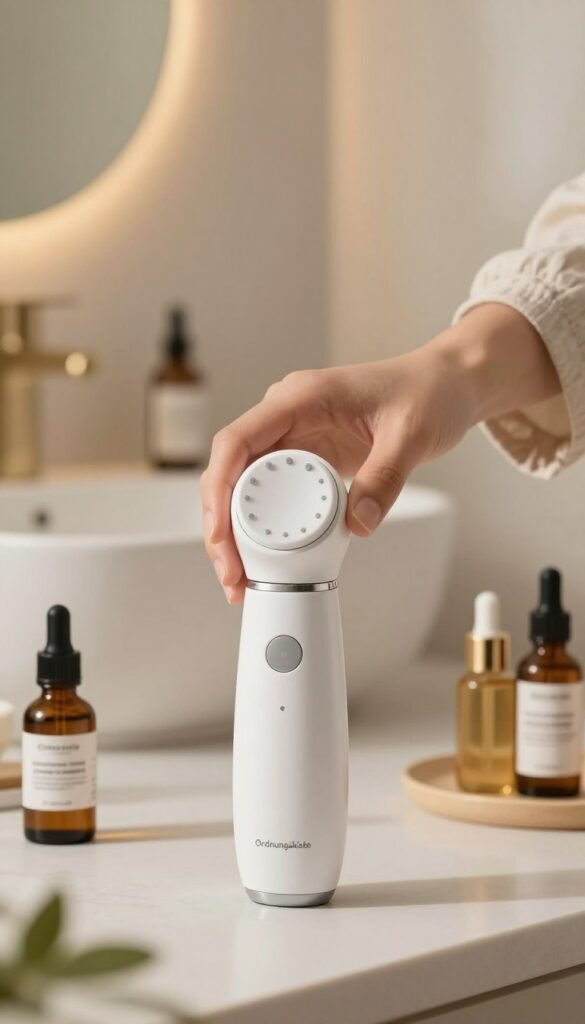 A close-up image of a modern facial cleansing device branded "Ordnungskiste" prominently displayed in the foreground, showcasing its sleek design and features. The device is surrounded by a serene arrangement of natural skincare products like oils and serums, adding an authentic touch. The middle layer includes a gentle hand reaching towards the device, dressed in modest casual clothing, as if about to demonstrate its use. The background features a softly blurred bathroom setting with warm, inviting lighting, creating a soothing atmosphere. Use a shallow depth of field to emphasize the device in focus, while the background remains subtly detailed. The overall mood is calm, fresh, and inviting, reflecting the concept of effective skincare.