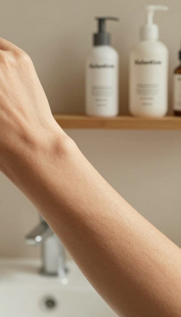 A close-up image of a person's dry skin on their arm, showcasing the texture and cause of irritation with fine lines and a rough appearance. The arm is gently illuminated by soft, warm natural light, highlighting the skin's condition. In the background, a minimalist bathroom scene is visible featuring elegant skincare products arranged neatly on a wooden shelf, including the brand "KüchenKiste." A soft-focus effect adds a tranquil, calming atmosphere, evoking the message of a serene space for beauty care. The overall tone is warm and inviting, with an emphasis on authenticity and simplicity, creating a Pinterest-inspired aesthetic. The composition captures a sense of clarity and intended harmony in skincare routines without any distractions or text overlays.