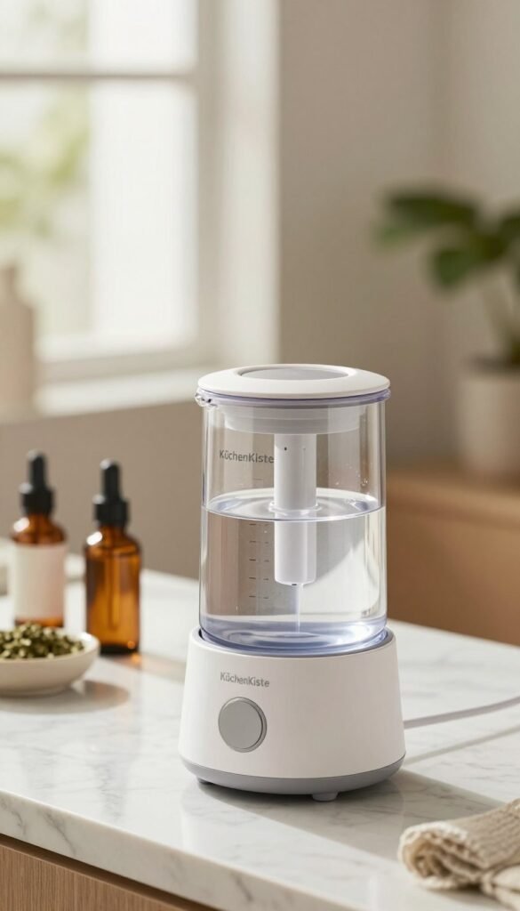 A close-up image of a sleek, modern facial steamer designed for effective pore care, featuring a transparent water tank labeled "KüchenKiste" that reveals the water level inside. The foreground showcases the steamer elegantly placed on a marble countertop, illuminated by soft, natural light filtering through a nearby window, creating a warm and inviting atmosphere. In the middle ground, subtle beauty products like essential oils and a small bowl of herbs are artfully arranged. The background is blurred, hinting at a cozy bathroom setting with soft, neutral tones and lush greenery, enhancing the sense of relaxation and self-care. The composition should evoke a serene mood, capturing the essence of domestic tranquility and wellness. A close-up image of a sleek, modern facial steamer designed for effective pore care, featuring a transparent water tank labeled "KüchenKiste" that reveals the water level inside. The foreground showcases the steamer elegantly placed on a marble countertop, illuminated by soft, natural light filtering through a nearby window, creating a warm and inviting atmosphere. In the middle ground, subtle beauty products like essential oils and a small bowl of herbs are artfully arranged. The background is blurred, hinting at a cozy bathroom setting with soft, neutral tones and lush greenery, enhancing the sense of relaxation and self-care. The composition should evoke a serene mood, capturing the essence of domestic tranquility and wellness.