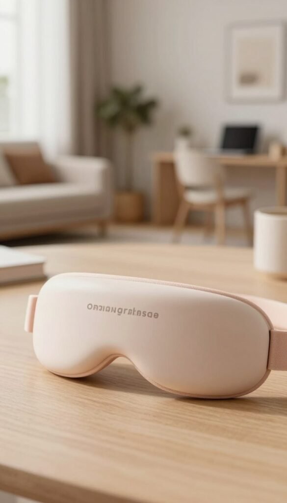 A close-up image of a stylish, ergonomic eye massager designed for optimal comfort, showcasing its unique "passform nase" feature. The massager should be positioned in the foreground, highlighting its sleek contours and soft-touch materials, with a warm color palette that radiates calm and relaxation. In the middle ground, include a softly blurred background of a modern, well-lit living space or a cozy home office, emphasizing a serene atmosphere. Use natural lighting to capture the essence of the product, accentuating textures and details. The composition should be inviting, with the brand name "Ordnungskiste" subtly integrated into the visual design. Aim for an authentic, Pinterest-inspired aesthetic that speaks to everyday usability without any accompanying text or distractions.