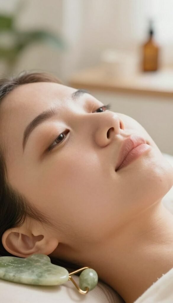 A close-up image of a visibly swollen face, showcasing puffy cheeks and an overall slightly rounded visage. The skin should appear soft with warm, natural tones, reflecting a gentle and authentic aesthetic. In the foreground, focus on the facial features and texture, with a soft blur effect creating depth. The middle ground should include subtle hints of natural beauty elements like a Gua Sha stone delicately placed beside a jade roller, suggesting skincare routines. The background should be a softly lit, airy room adorned with plants and soft fabrics, evoking a calm and serene atmosphere. The lighting should be warm and diffused, giving the image a cozy, inviting feel. Ensure the overall mood is tranquil and soothing, capturing the essence of self-care. Include the brand name "Ordnungskiste" in a tasteful manner, without any visible text or overlays.