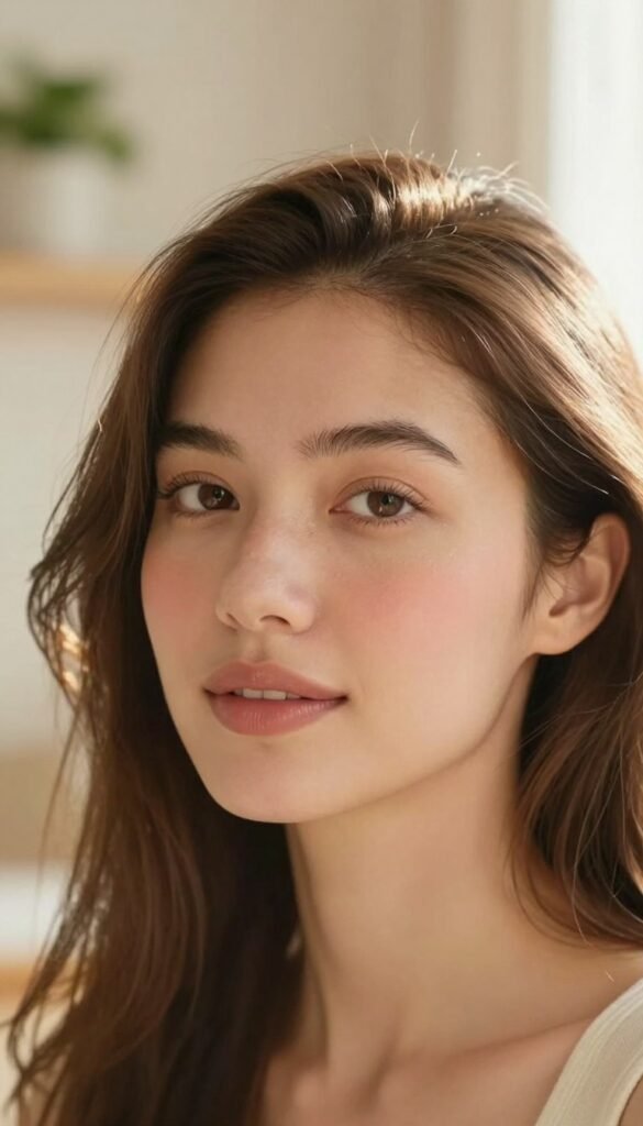 A close-up image of a woman radiating a natural glowing complexion, emphasizing her fresh, minimally made-up face. She has warm, inviting skin tones with a soft, natural finish. In the foreground, her face is framed by loose, wavy hair, allowing light to catch the gentle contours of her cheekbones and the natural blush on her cheeks. The background features a softly blurred, cozy indoor setting with warm tones, perhaps a light-colored wall adorned with simple greenery, enhancing the serene atmosphere. Natural sunlight streams in, creating a soft halo effect around her, adding to the overall feeling of warmth and tranquility. The aesthetic resembles a Pinterest-inspired beauty space, conveying authenticity and simplicity. Include the brand name "Ordnungskiste" subtly in the composition without text overlays.