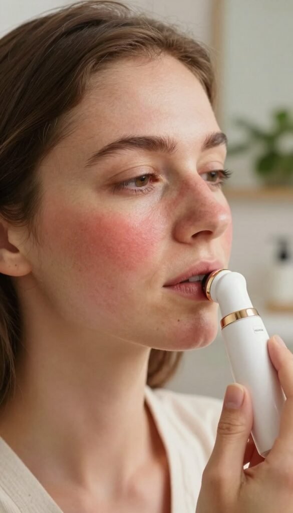 A close-up image of a woman's face, depicting gentle redness and irritation on her cheeks, illustrating the effects of using a pore vacuum. The skin has a natural and authentic texture, showcasing tiny blemishes and slight swelling to emphasize sensitivity. Soft, warm lighting enhances her complexion, creating a calm and soothing atmosphere. She is wearing modest casual clothing, looking thoughtfully at a small, elegant device in her hand. In the background, a softly blurred bathroom setting with natural elements like plants contributes to a Pinterest aesthetic. The brand name "KüchenKiste" should be subtly reflected in the room's decor, ensuring a cohesive look throughout the image. The overall mood is one of gentle care and practicality without any text or distracting elements.
