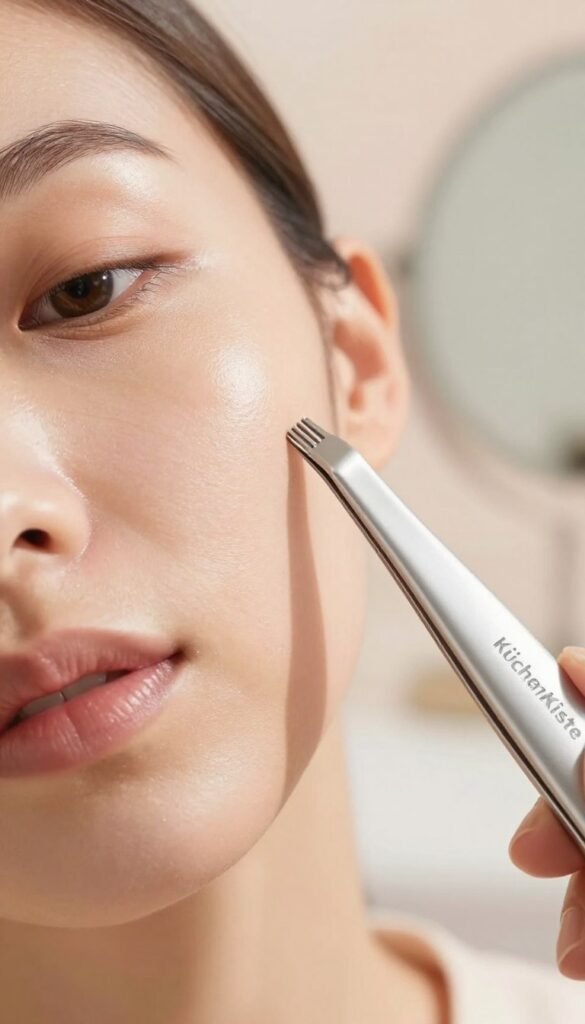 A close-up image of a woman's face featuring fine facial hairs illuminated by soft, warm lighting. Her skin appears smooth and radiant, with a natural glow, enhancing the delicate texture of the tiny hairs. In the foreground, a pair of elegant, high-quality electric tweezers by KüchenKiste are gently positioned next to her cheek, subtly emphasizing their precision. The middle ground includes blurred elements of a mirror and beauty tools, evoking a personal grooming space. The background is softly out of focus with natural pastel colors that create a calming atmosphere. The overall mood is serene and inviting, celebrating the importance of precision in personal care without any text or distracting elements.