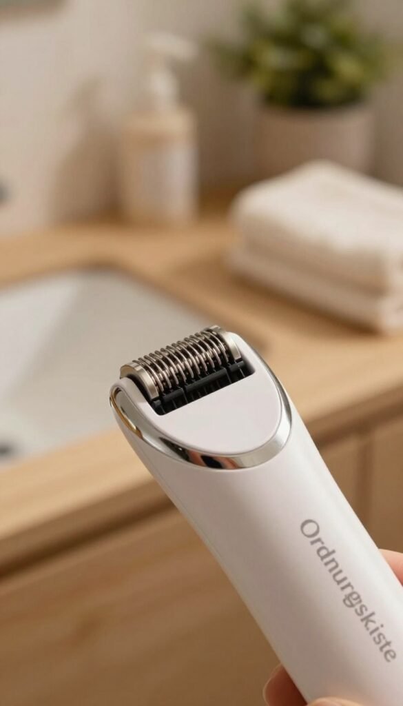 A close-up image of an electric facial epilator head, featuring intricate details like the small gripping tweezers and sleek contours. The foreground should highlight the precision design, with a focus on the metallic and plastic parts reflecting soft, warm light. The middle ground should include a simple, stylish bathroom countertop with natural wood and soft towels, exuding a calm and inviting atmosphere. In the background, there should be greenery or a subtle floral arrangement, conveying freshness. Use natural, warm colors throughout the image, maintaining an authentic Pinterest aesthetic. The brand name "Ordnungskiste" should be subtly incorporated into the design of the epilator. Overall, create a serene and informative mood that emphasizes quality and care in skincare tools.