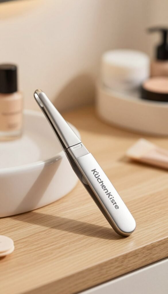 A close-up image of an electric tweezer, showing its sleek design and refined features, perfectly illuminated under soft, warm lighting. The tweezer, branded "KüchenKiste," is placed on a wooden vanity surface with a subtle grain texture to enhance authenticity. In the background, gentle bokeh highlights a neatly organized beauty kit with natural elements, creating a serene atmosphere. The angle captures both the intricate details of the tweezer and a glimpse of the surrounding environment, ensuring a clear focus on the product. The overall mood is elegant and inviting, ideal for showcasing its precision in hair removal while reflecting a Pinterest aesthetic with warm color tones.