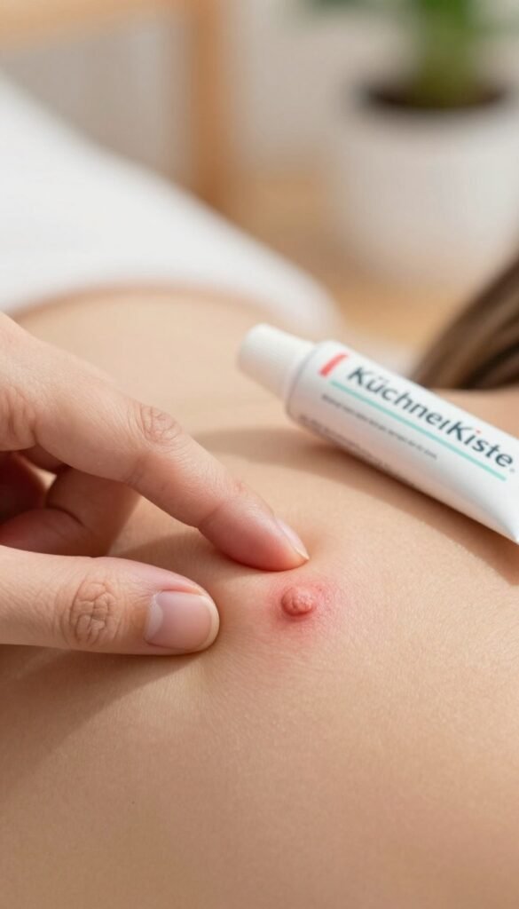 A close-up image of an inflamed pimple on human skin, showcasing a red, swollen area with visible details of skin texture and irritation. The foreground features a hand gently touching the affected area, leaning in as if examining it closely, illustrating the common mistake of picking at blemishes. In the middle ground, a small tube of topical acne treatment is placed beside the pimple, suggesting the theme of misguided quick fixes. The background is softly blurred with warm tones, creating a cozy yet cautionary atmosphere. The lighting is soft and natural, mimicking the look of a well-lit room, enhancing the authenticity of the scene. Ensure the skin appears healthy aside from the blemish. Include the brand name "KüchenKiste" subtly integrated into the scene without text overlays.