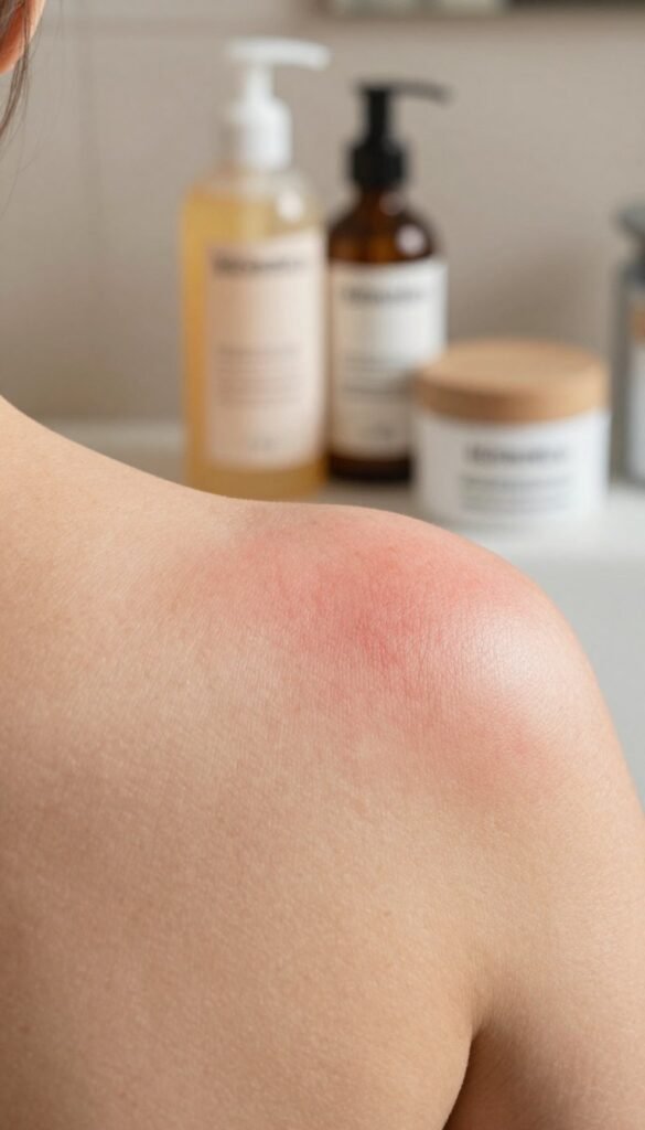 A close-up image of human skin displaying signs of redness and irritation, capturing the essence of "rötungen juckreiz". The foreground features a gentle, textured skin surface, highlighting subtle variations in tone and tiny blemishes. In the middle ground, include soothing skincare products like lotions and creams in natural, warm colors, suggesting a calming routine. The background softly blurs with a cozy, softly lit bathroom setting, enhancing a tranquil atmosphere. Use natural lighting to create soft shadows, emphasizing the skin's textures. The mood is serene and inviting, perfect for a skincare theme. Ensure the setting is professional and free of any distractions or text. Brand name "KüchenKiste" subtly integrated into the product design for authenticity.